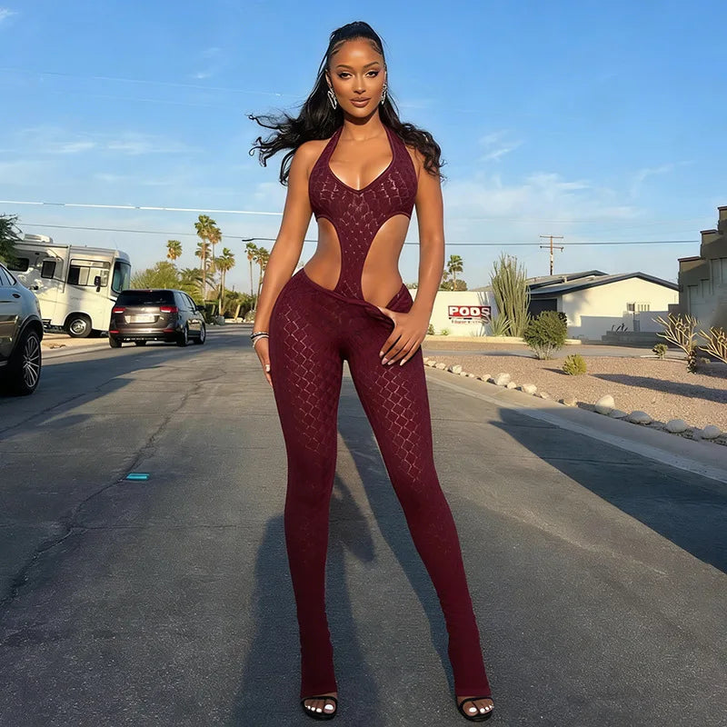 Sexy hot girl solid color see-through slim fit knitted deep V jumpsuit