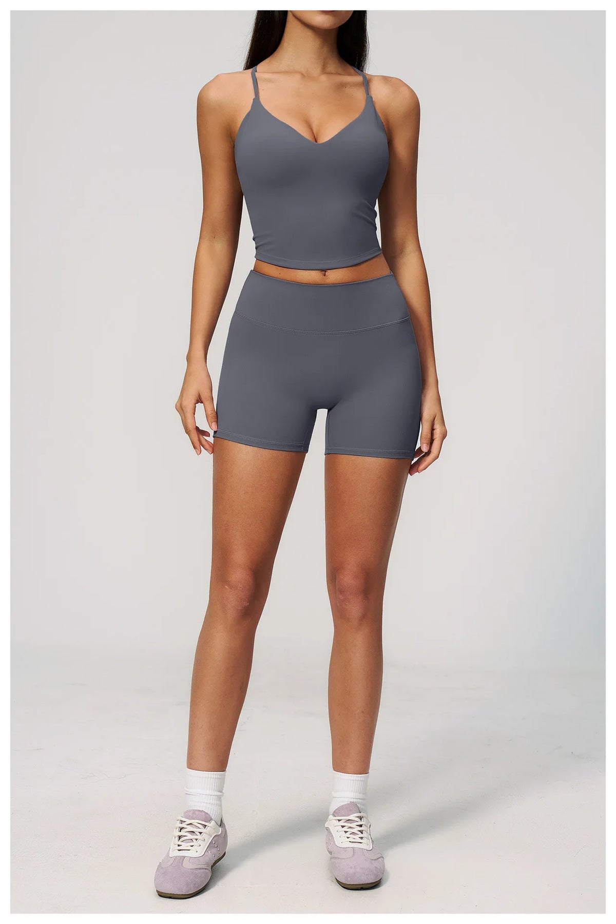 New Yoga Sets Women V Neck Back Criss Cross Sports Tank Top High Waist Butt Lift Shorts Fitness Suit Gym Running Workout Clothes