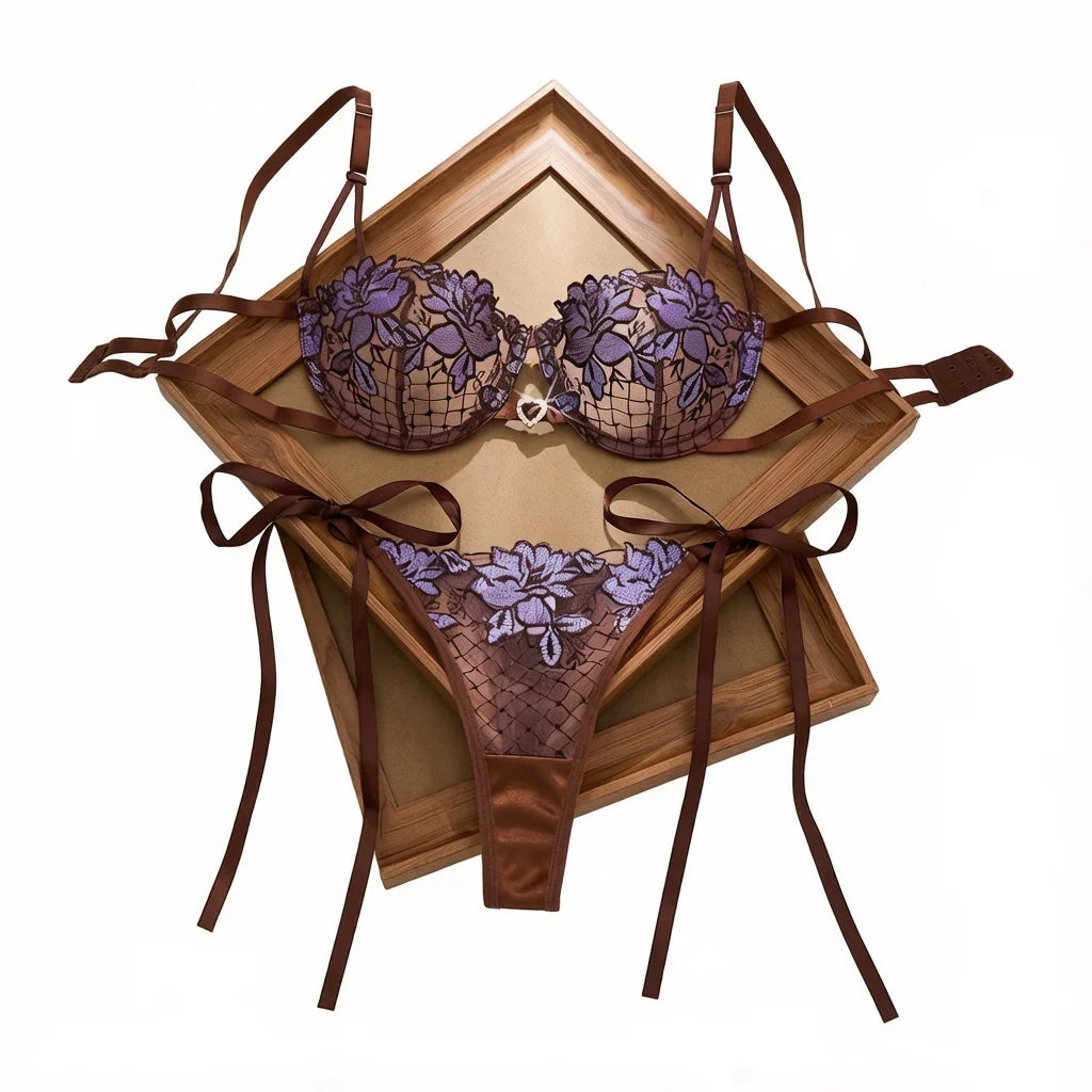 Purple Floral Embroidery Fishnet Lingerie Set Women Sheer Underwire Bra Side Tie Thong Sexy Ladies Underwear ZA825200