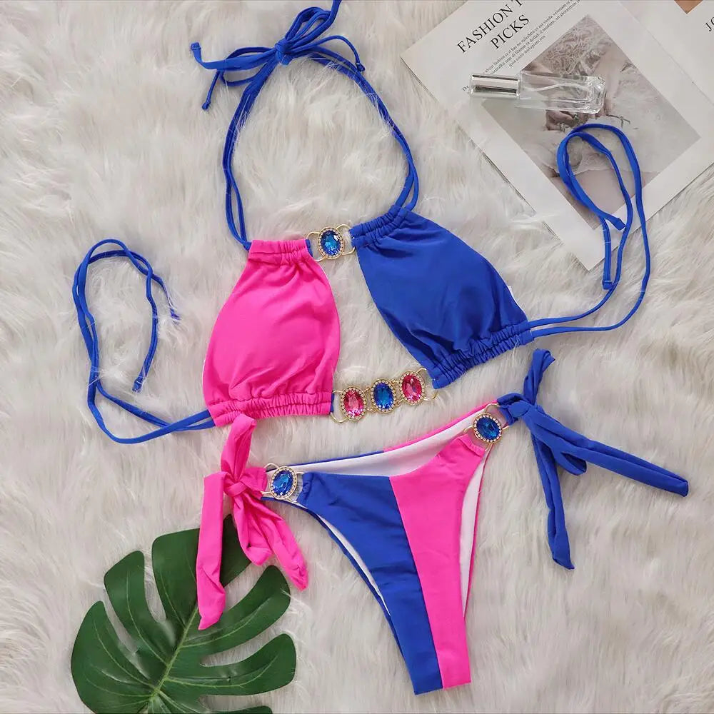 Leopard Diamond Bikini 2026 Women Hollow out Swimsuit Female Swimwear Two Pieces Bikini Set Halter Bather Bathing Suit Swim Lady