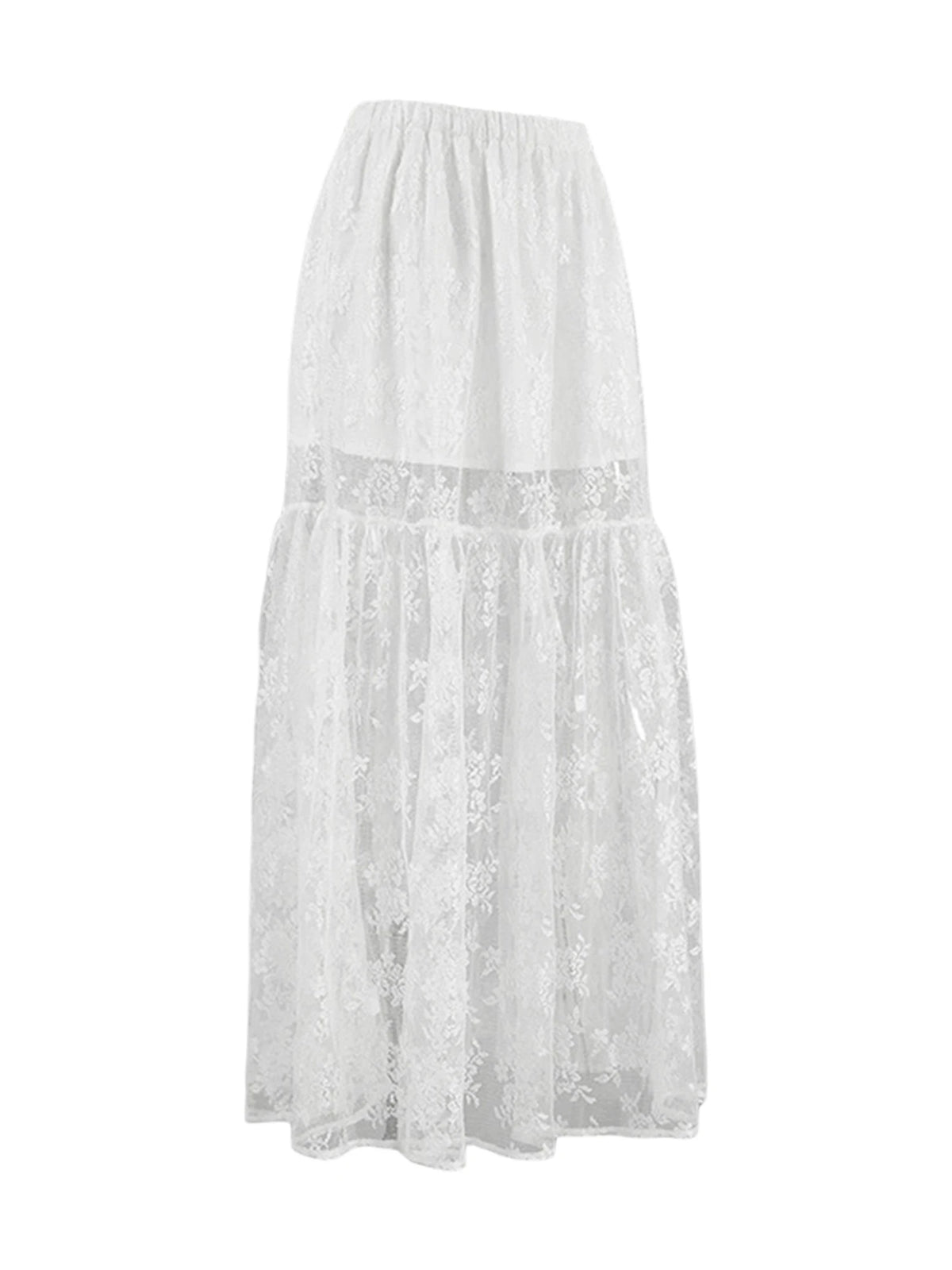 Women See-Through Lace A-Line Skirts Casual Summer Solid Color Elastic Waist Long Skirt for Beach Vacation Club