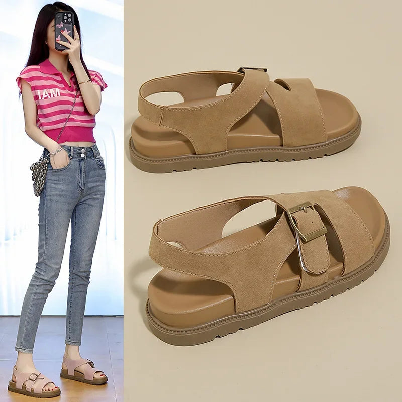 Women Sandals Summer New Solid Color Open Toe Flat Casual Slippers Buckle Fashion Outdoors Beach Sandals Sandalias De Mujer