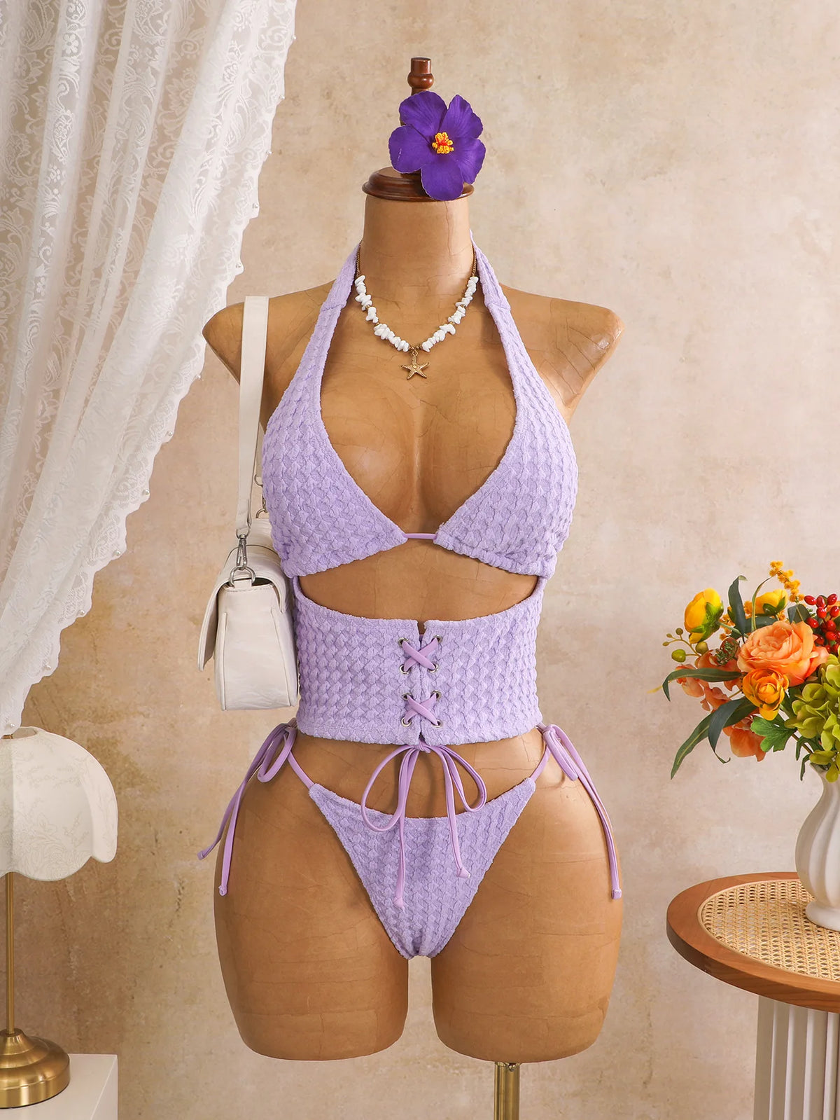 Sexy Black Plaid Print Holiday Bikinis Sets 2026 Women Bandage Cross Fishbone Top 3 Piece Swimsuit Summer Bathing Suit Swimwear