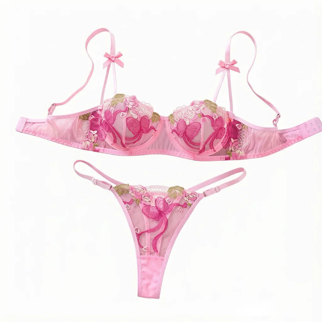 Women Pink Butterfly Embroidery Lingerie Set Bow Ornament Sheer Mesh Bra And Thong 2‑Pieces Intimate Underwear ZA825296