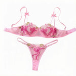 Women Pink Butterfly Embroidery Lingerie Set Bow Ornament Sheer Mesh Bra And Thong 2‑Pieces Intimate Underwear ZA825296