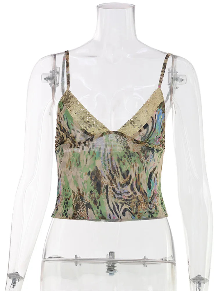 Ahagaga Fashion Sexy Women's Tops Sequin Patchwork Slimming Summer Print Personality Crop Top ShortBeach SleevelessBackless
