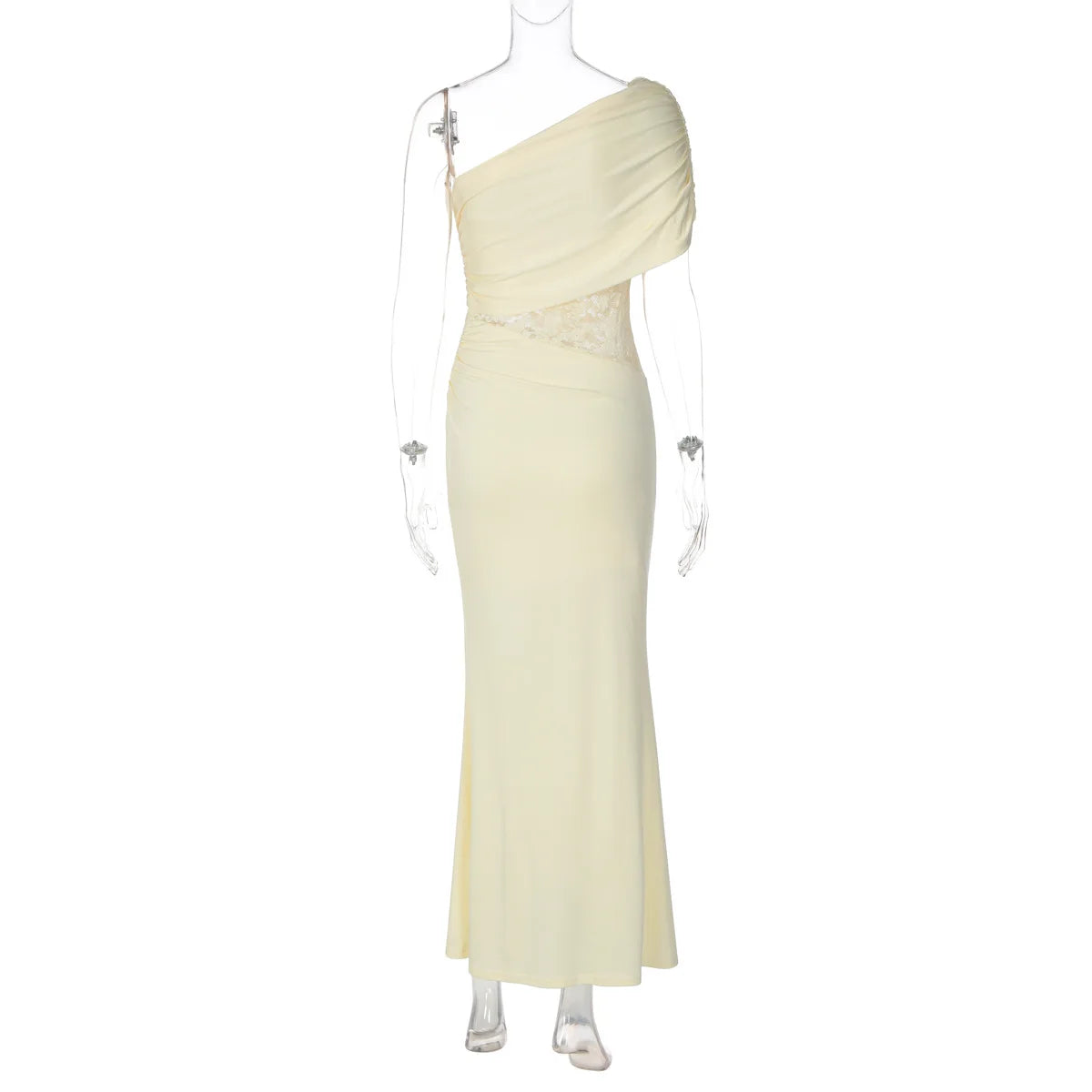 FDYOUI Women's Summer Diagonal Collar Lace Patchwork Asymmetrical Long Dress Sleeveless High Waist Tunics Evening Party Dresses