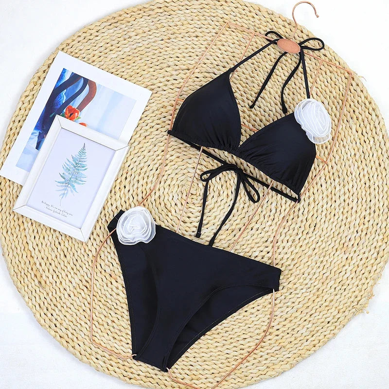 3D Floral Print Brazilian Micro Bikini Set Solid Color Sexy Women's Biquini Beachwear Swimming Suit for 2025