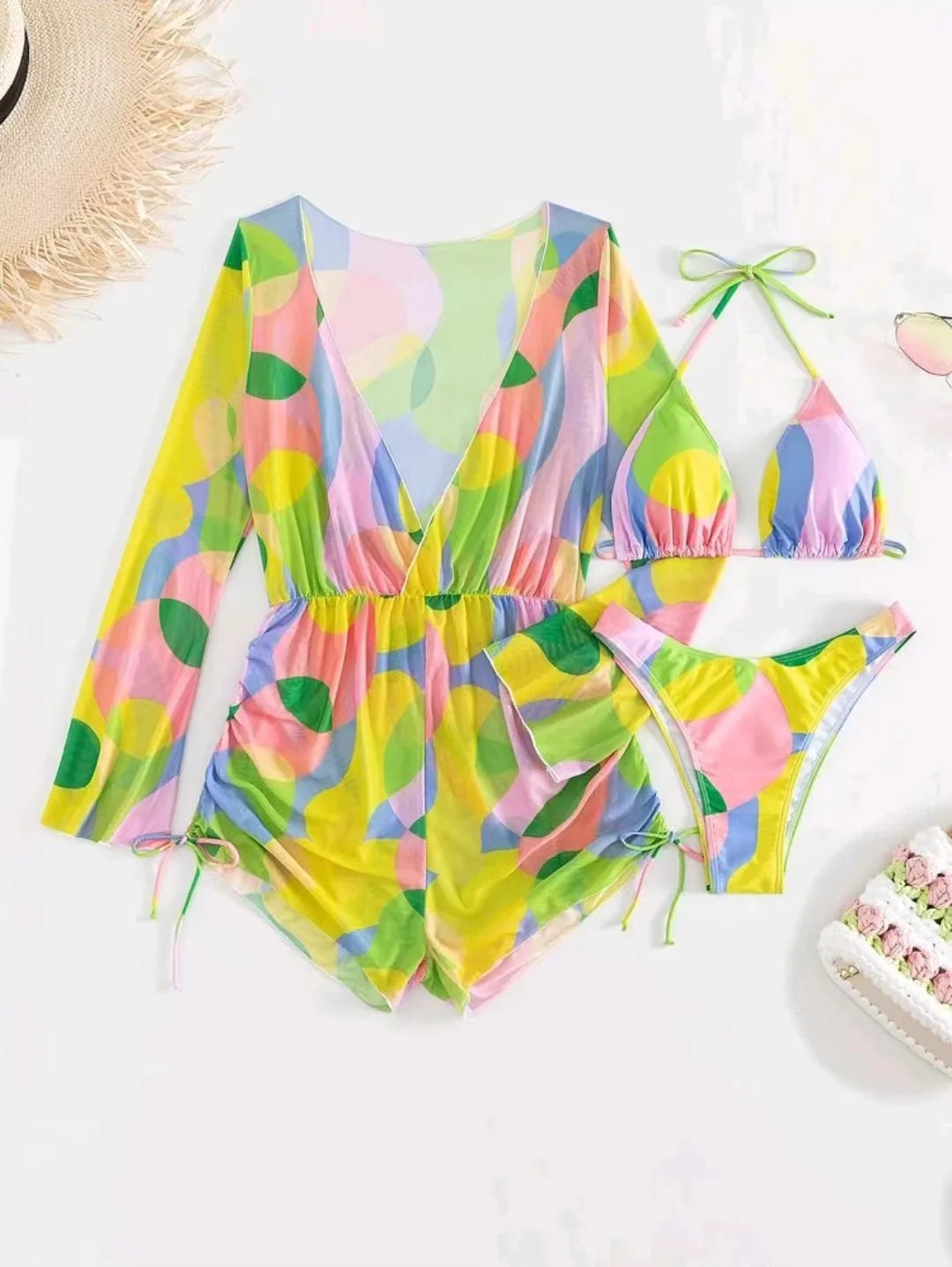 2024 New Swimsuit 3 Pcs Set Thong Bikini with Rompers Womens Jumpsuit Beach Wear Print Swimwear Sexy Bathing Suit Pool Beachwear