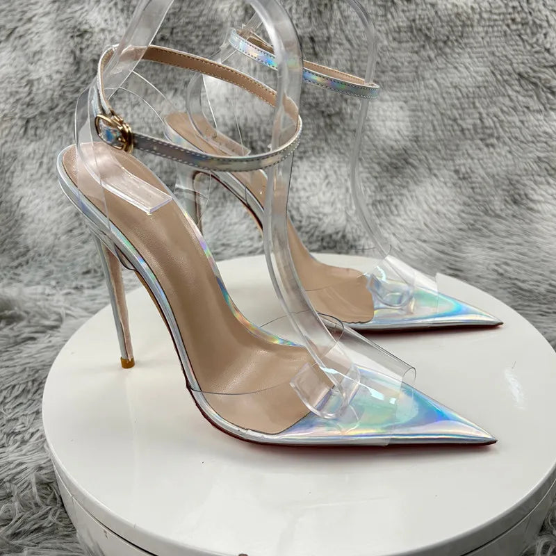 Clear PVC Patchwork SandalsNewest Transparent Straps Stiletto Heel Sandals Sexy Laser silver High Heels Wedding Shoes12cm