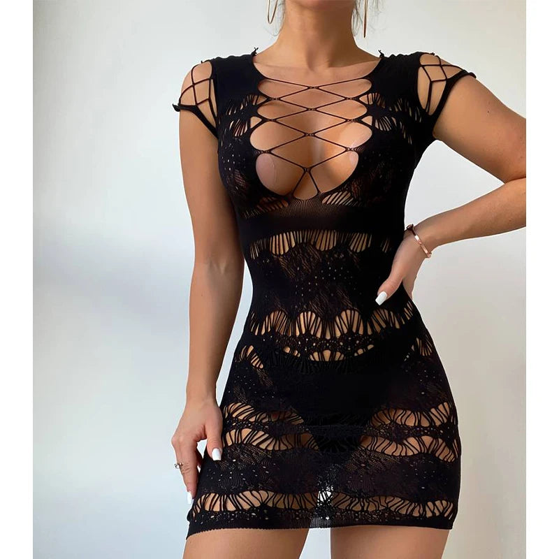 Women Sexy FishnetCover Up, Sheer Bodycon Sleepwear See Through Beachwear Without Bikini