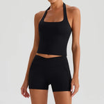 Yoga Shorts Sets Women Hanging Neck Hollow Back Sports T Shirts Sportsuit Gym High Waist Pocket Pants Fitness Workout Clothes