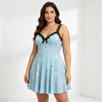 Plus Size Daisy Print Nightgown Women Lace Trim Bow V Neck Slip Dress Soft Mini Sleep Dress Summer Casual Ladies Lingerie Nightw
