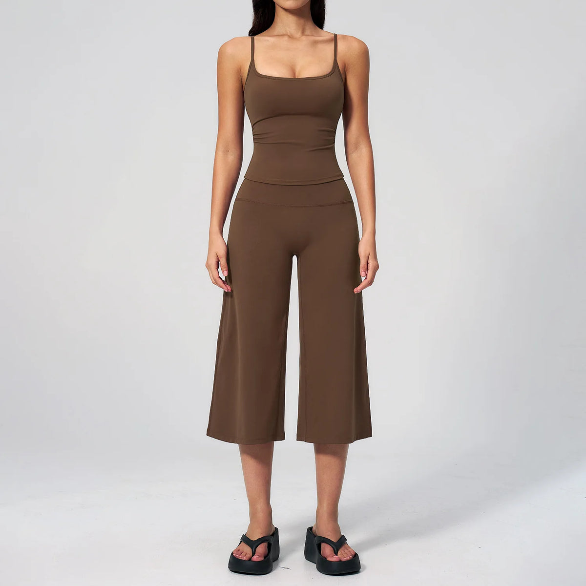 Gym Workout Yoga Sets Women Square Neck Slimming Sports Tank Top Fitness Gym Suit Outdoor High Waist Flare Pants Two-piece Set