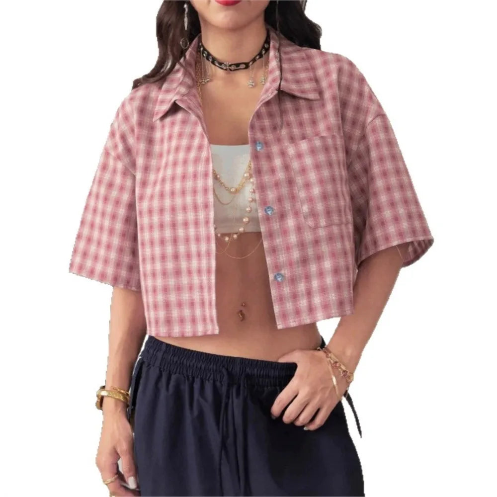 Casual Shirts Shirts & Blouses Women's Clothing Simple Style Street Personality Contrast Lattice Quarter Sleeves Fashion Trendy