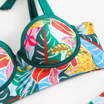 Vintage Green Leaves Print Bikini Set 2026 Women Tie Strap Push Up Underwire Long Skirt 3 Piece Swimsuit Bathing Suit Swimwear