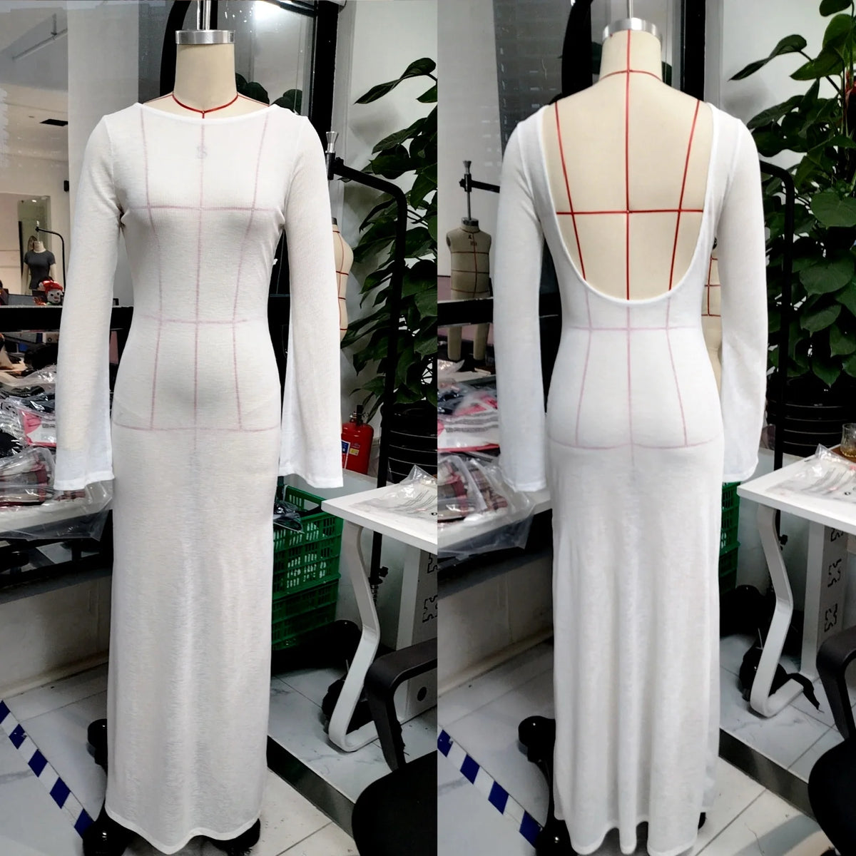 Women Knit Dress See Through Bikini Cover-ups Long Sleeve Crew Neck Backless Long Dresses Club Beach Sexy Swimwear Dresses