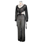 DEKA New Sexy Knit Mesh Cut Out Deep V Neck Long-sleeve Lace-up Fringe Tunic Summer Women Swimsuit Cover-ups Beach Maxi Dress