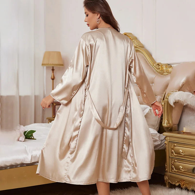 Summer Ice Silk Pajamas Set for Women Ladies Nightgowns 2pcs Satin Robes and Nightdress Set Home Wear Loungewear