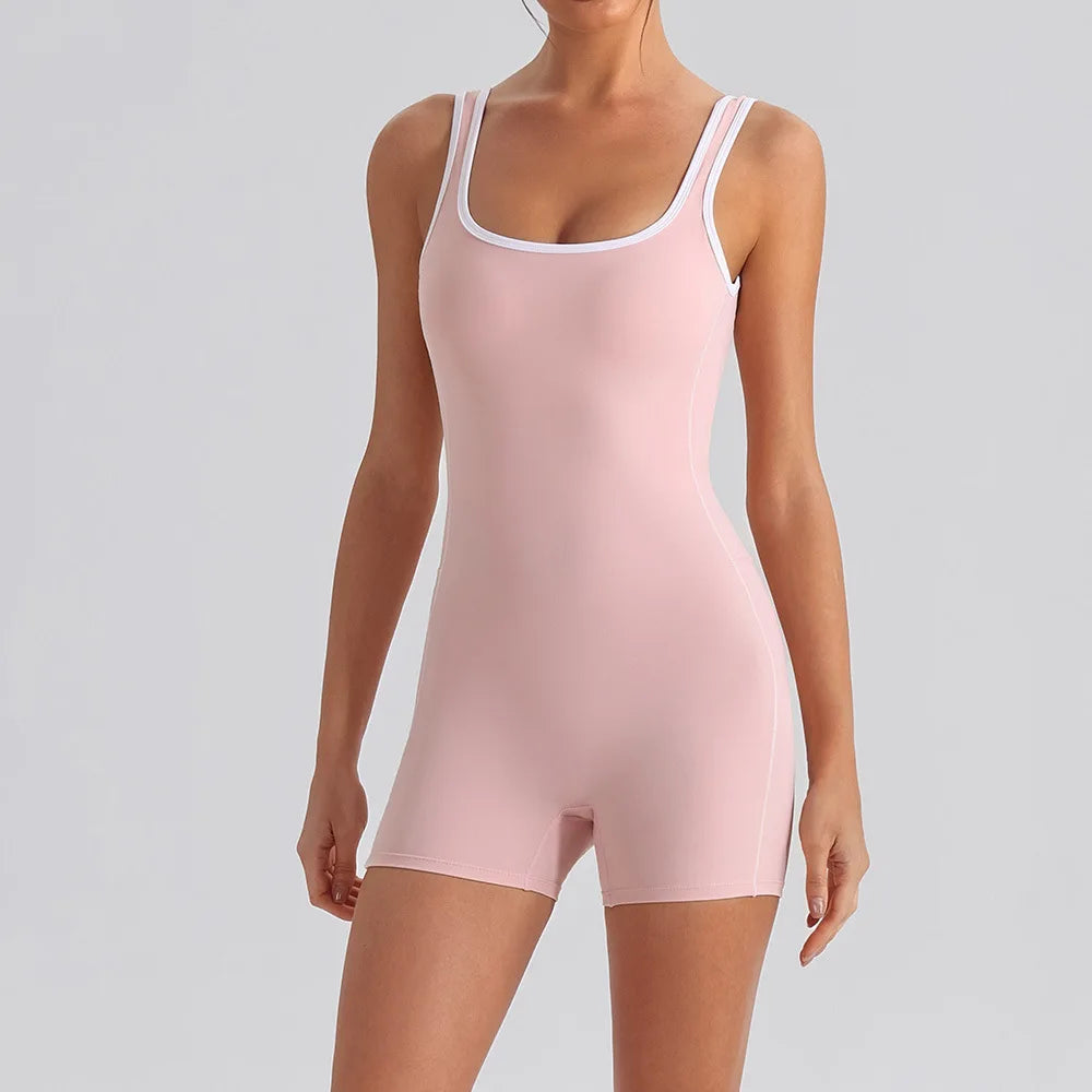 Sexy Sleeveless Backless Scrunch Yoga Jumpsuit Women Color-block U Neck Slim Sports One Piece Suits Tight Fitness Gym Overalls
