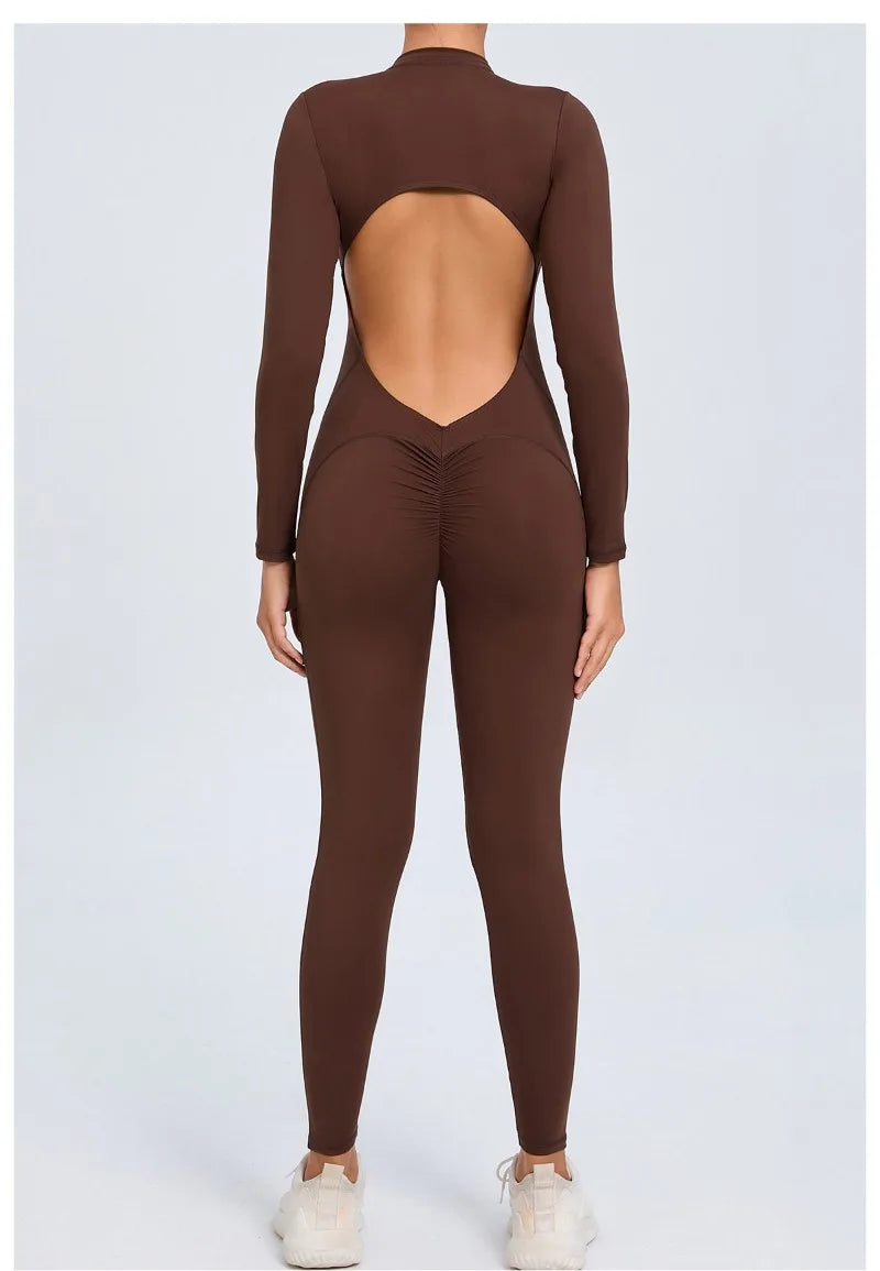 Women's Seamless Yoga Bodysuit Long Sleeve Zipper & Back Cutout Naked Feeling Quick-Dry Running Fitness Workout Jumpsuit