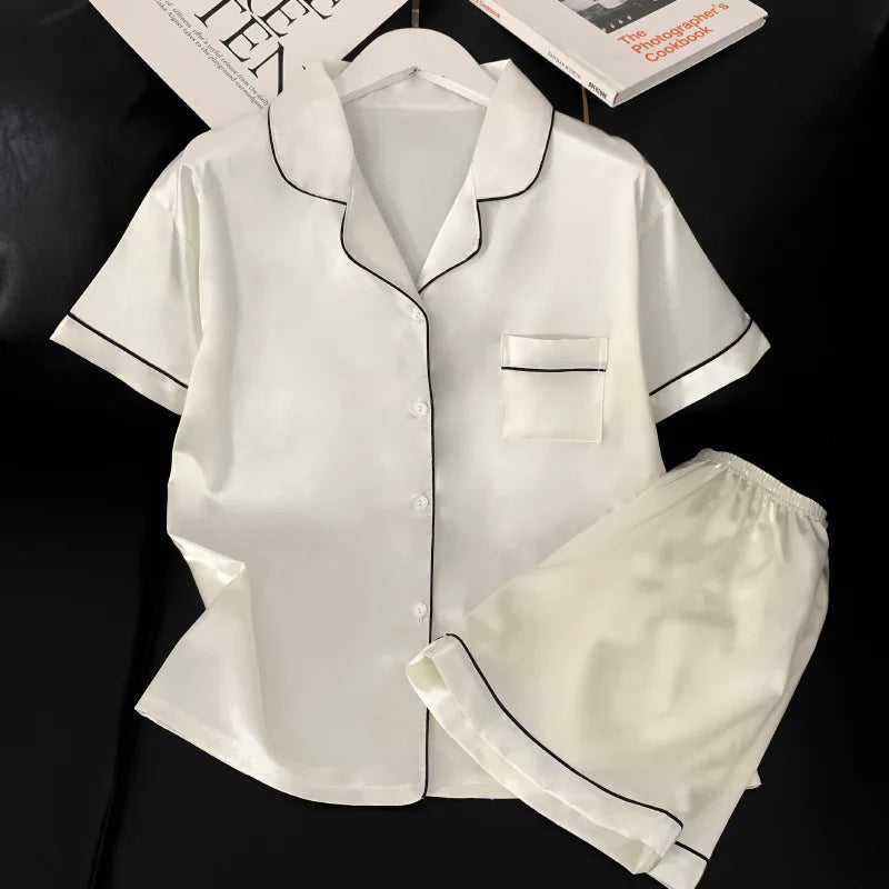 Sweet Simple Ice Silk Pajamas for WomenThin Short-sleeved Home Clothes Suit Nightwear Women's Pajamas Set Nightie Summer