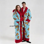 Warm Flannel Long Couples Robe Autumn Winter Color Block Lapel Funny Cartoon Print Bathrobe with Double Pockets Loungewear
