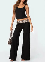 Women's spring and summer leopard print stitching micro-flared high-waisted casual trousers