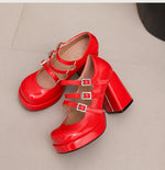 Plus Size Women Red Patent Leather Platform Mary Jane Shoes 3 Rhinestone Buckle Straps Chunky BlockY2K Lolita Party Pumps