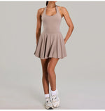 Summer Sleeveless Halter Slim Tennis Dress Women Sexy 2-in-1 Hollow Backless Golf Sports Dresses Outdoor Running Fitness Skirt