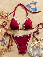 Shell Decoration Ribbed Bikini Women Swimwear Female Swimsuit Two-pieces Bikini Set Halter Strappy Bather Bathing Suit Swim Lady