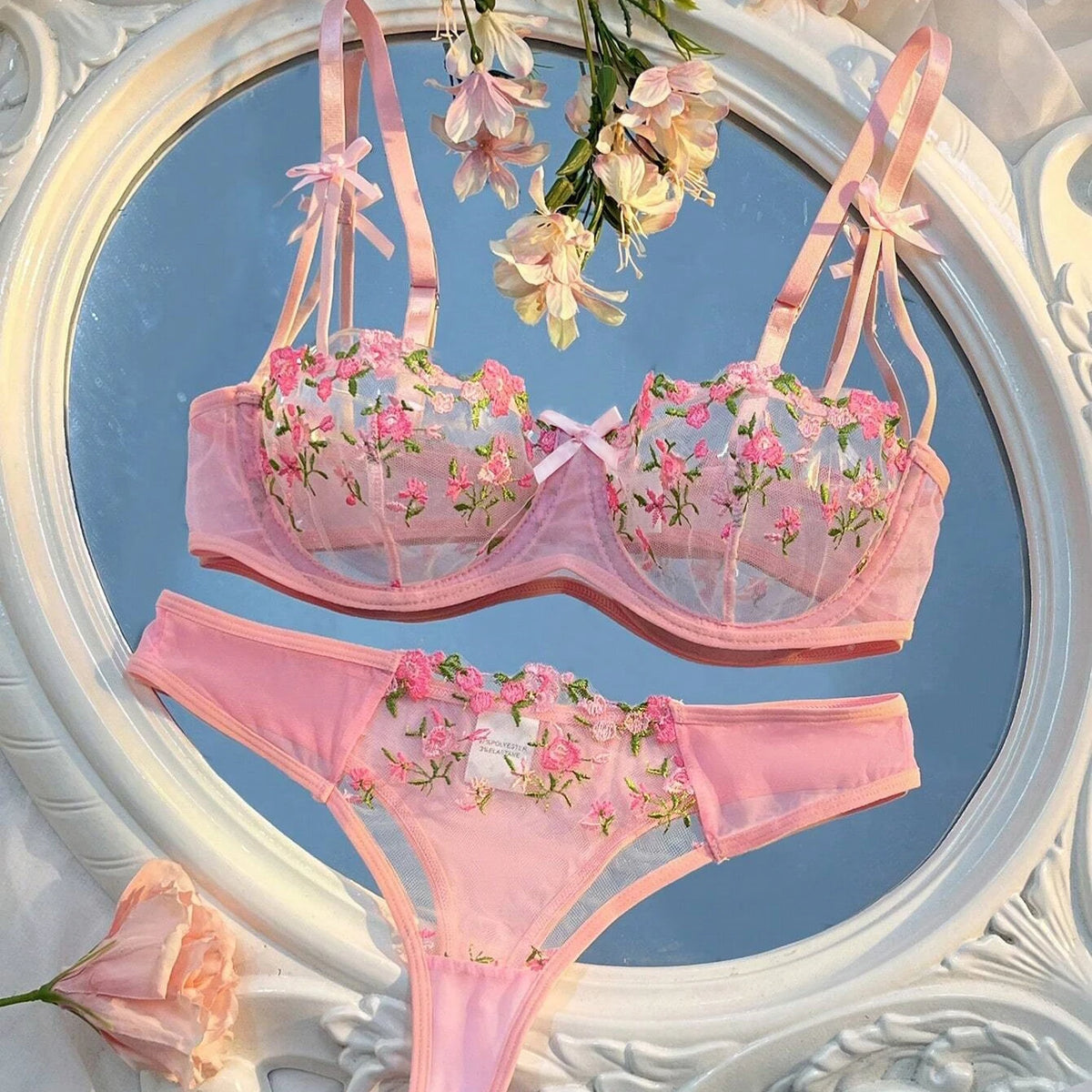 2 Pcs Sexy Women Floral Embroidery Bra And Brief Set Hollow Erotic Lingerie Underwear Ultrathin Lace Transparent Babydoll Cute