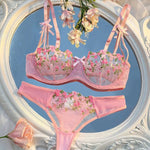2 Pcs Sexy Women Floral Embroidery Bra And Brief Set Hollow Erotic Lingerie Underwear Ultrathin Lace Transparent Babydoll Cute