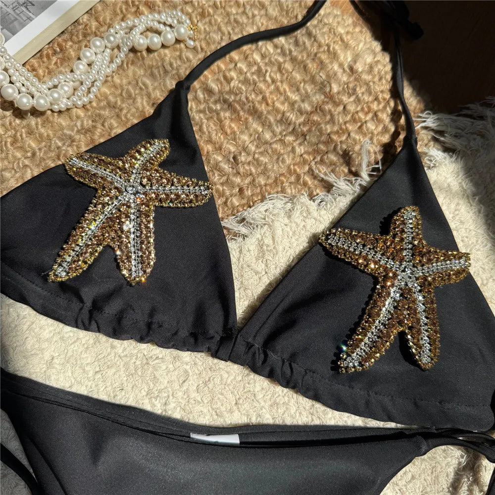 Rhinestone Starfish White Swimwear Halter String Triangle Micro Bikini Thong Sexy Swimsuit Women Bikinis Sets Mujer 2026 Bather