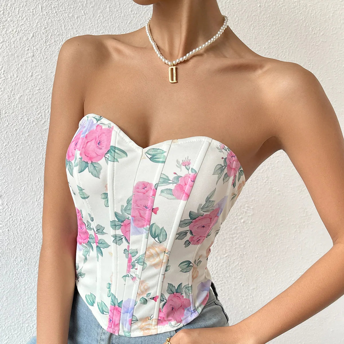 Summer Women Floral Y2K Crop Tops Printed Sleeveless Fishbone Corset Woman Sexy Backless Slim Strapless Streetwear Camisole