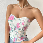 Summer Women Floral Y2K Crop Tops Printed Sleeveless Fishbone Corset Woman Sexy Backless Slim Strapless Streetwear Camisole
