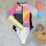 2026 Patchwork One Piece Swimsuit Long Sleeve Swimwear Women Bathing Suit Retro Sport Swimsuit One Piece Surfing Swim Wear