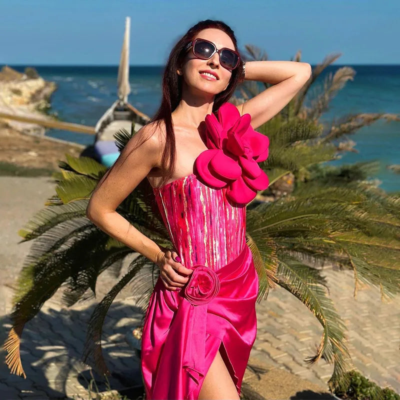 2024 Sexy Sling Ruffle Solid Two Pieces Bikini Women High Waist 3D Flower Swimsuit Skirt Summer Backless Beachwear Bathing Suit