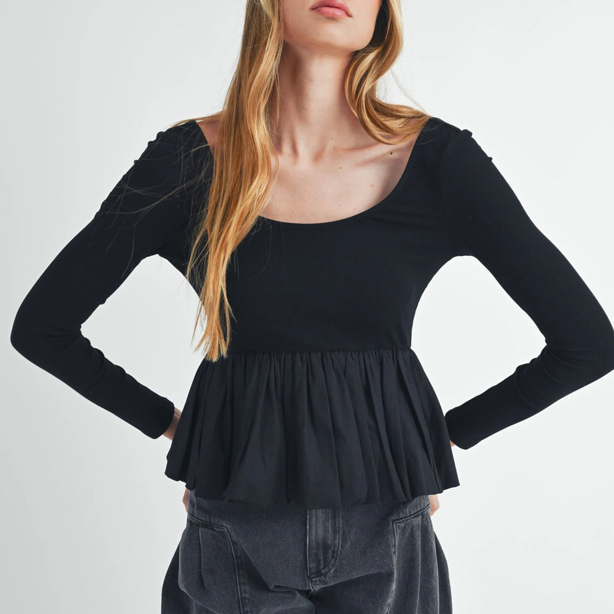 Women Long Sleeve Fall Peplum Tops Casual Solid Color Ruffled Hem Basic T-shirts Streetwear