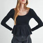 Women Long Sleeve Fall Peplum Tops Casual Solid Color Ruffled Hem Basic T-shirts Streetwear