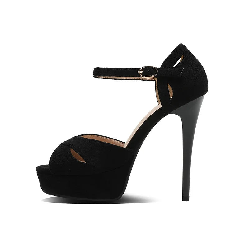 Flock Sandals Women Summer Platform Pumps Black Party Dress Evening Shoes Female High Heels Sandals Peep Toe Platform Heels