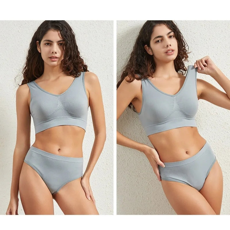 Seamless Bra Set Women Wireless Tanks Bra FemaleLow Rise Thongs Panties Sexy Lingerie Set Comfy Underwear Intimates S-5XL