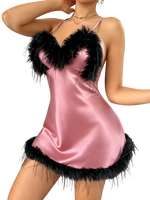 New Sexy V Neck Feather Trim Women's Nightgown Fashion Elegant Pajamas Solid Color Short Skirt for Home and Parties