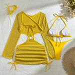 Women micro mini halter bikinis sets 3pcs with knitted long sleeve hollow out mini dress swimsuit bathing suit beach outfits
