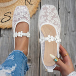 BigSize 43 Breathable White Lace Mary Jane Flats Women Comfy Walk Square Toe Casual Office Lady Ballet Flats Shoes Daily Wear