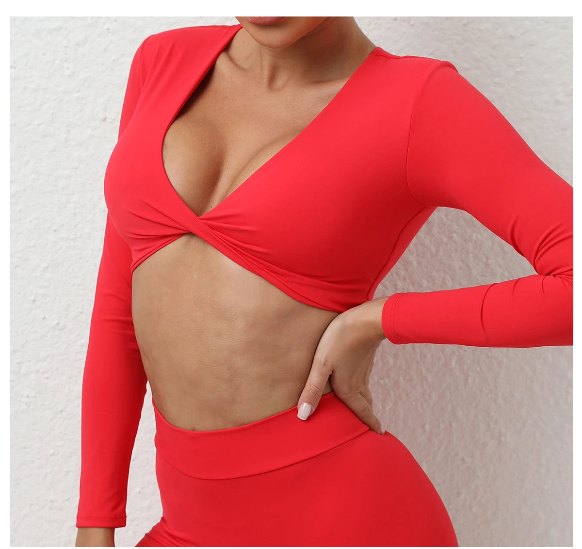 Long Sleeve Gym Crop Tops for Women Twist Deep V Workout Quick Dry Padded Sports Fitness Yoga T-Shirt