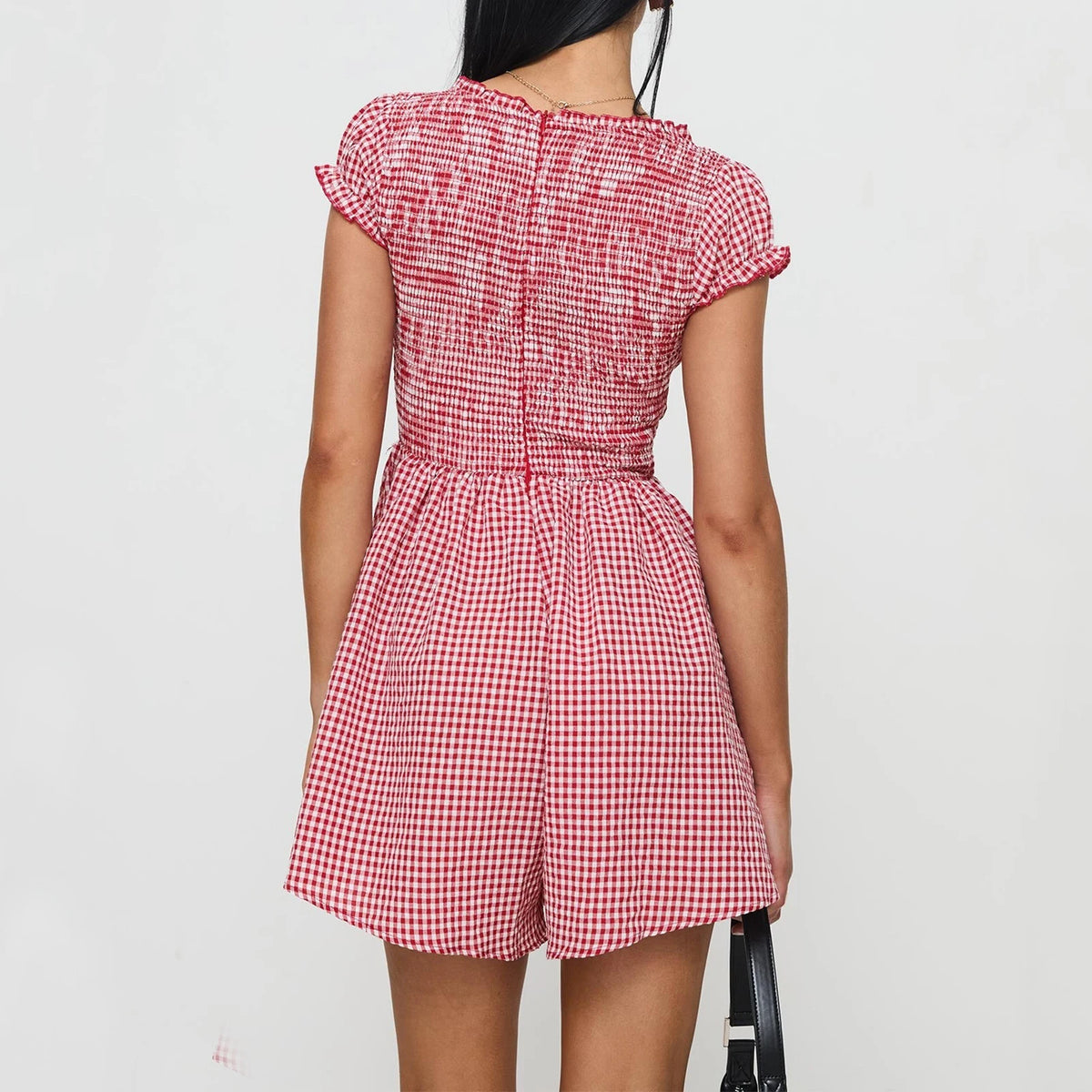 Summer Plaid Rompers Mini Dress for Women Fashion Short Sleeve Sexy Deep V Neck Smocked Waist Slim Plaid Playsuit Jumpsuits