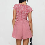 Summer Plaid Rompers Mini Dress for Women Fashion Short Sleeve Sexy Deep V Neck Smocked Waist Slim Plaid Playsuit Jumpsuits