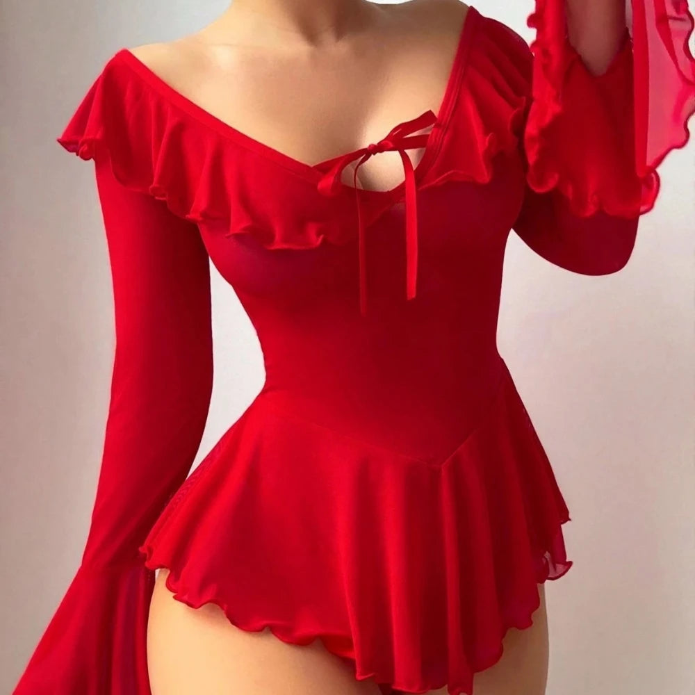 Off‑Shoulder Sheer Mesh Nightgowns Ruffle Trim Bow Front Long Flare Sleeve See‑Through Mini Dress Seductive Bodycon Sleepwears 