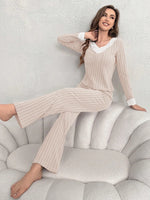 Autumn and winter new women's home wear fashionable casual pajamas temperament V-neck lace splicing set long sleeved pants Y2K